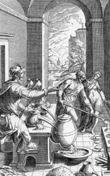 An Alchemist in His Workshop, Engraving from Metallotheca by Michele Mercati